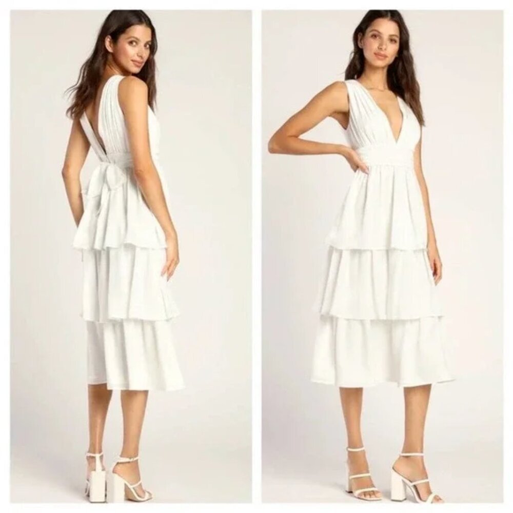 Lulus Peak Party Vibe Midi Dress Size Medium White Satin Tiered Bachelorette